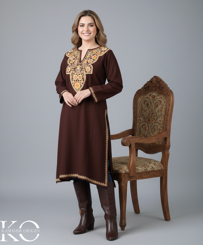 Richly Crafted Dark Brown Aari Embroidered Pheran