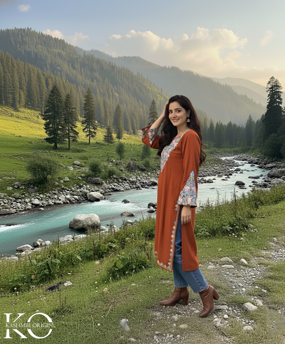Rust Chinar Neck & Arm Design Aari Embroidered Pheran