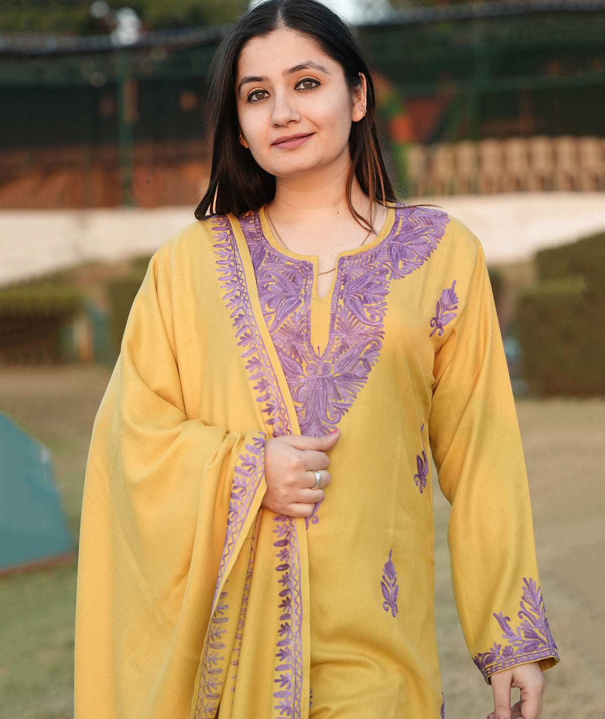 Mustard & Purple Aari Embroidered Woolen Co ord Set With Shawl