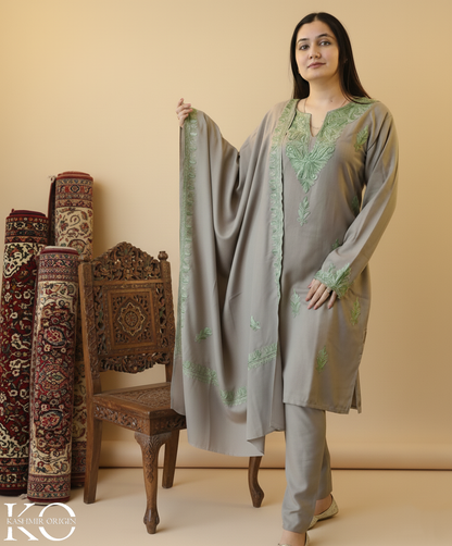 Grey With Green Aari Embroidered Woolen Co ord Set With Shawl