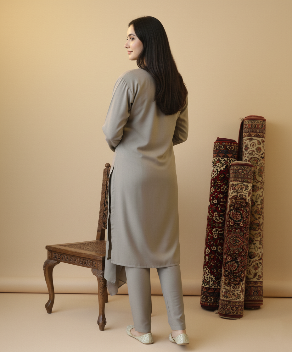 Grey With Green Aari Embroidered Woolen Co ord Set With Shawl