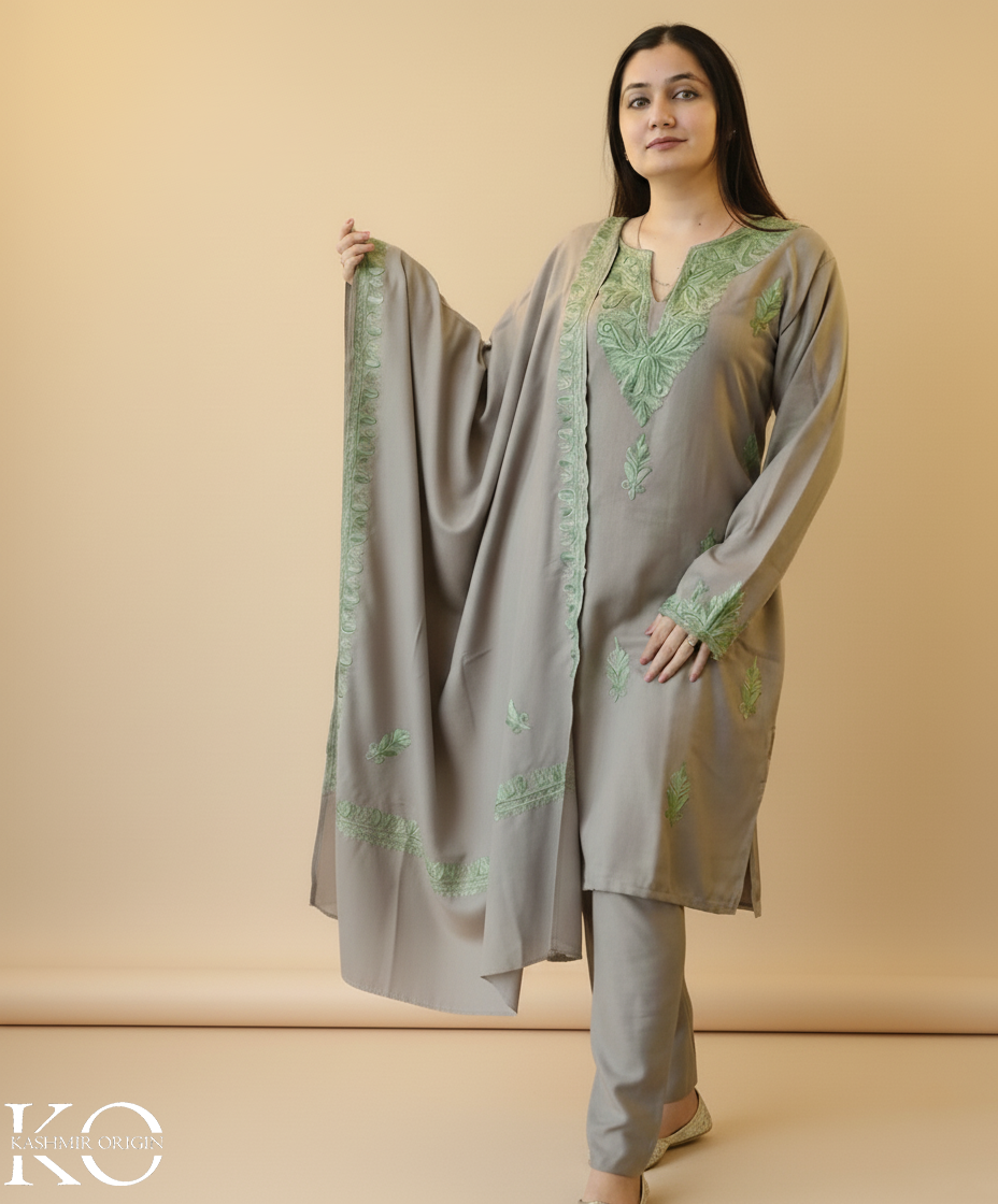 Grey With Green Aari Embroidered Woolen Co ord Set With Shawl