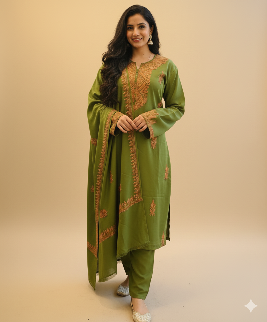 Green Aari Embroidered Woolen Co ord Set With Shawl
