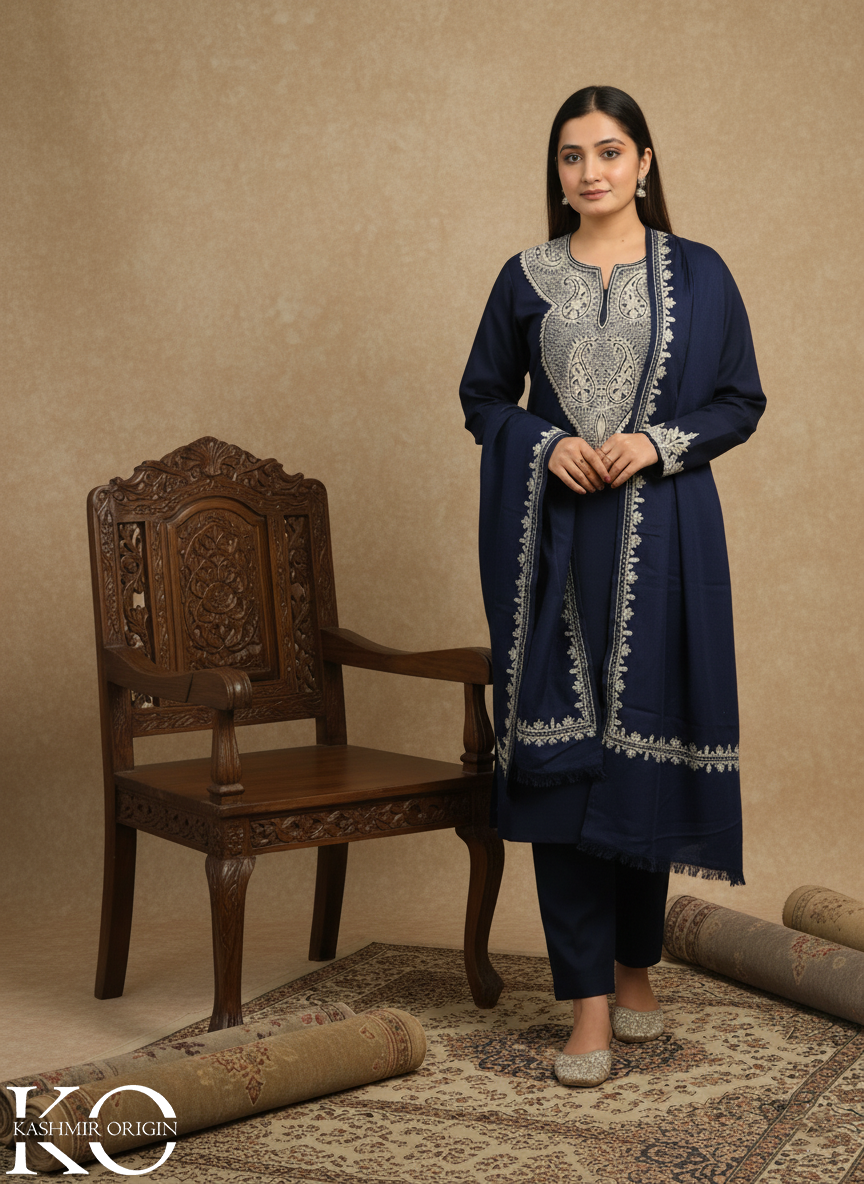 Navy Blue with White Zari and Aari Embroidered Woolen Suit With Shawl