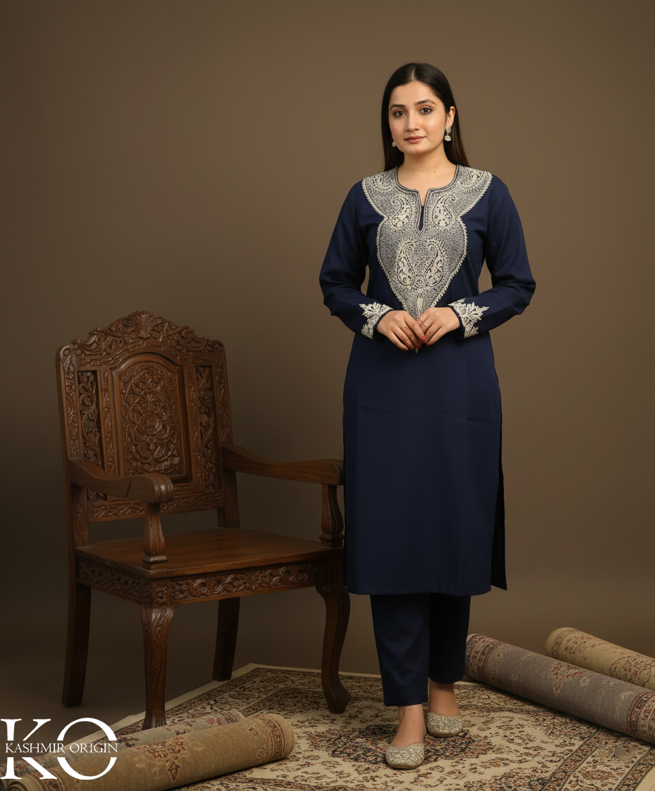Navy Blue with White Zari and Aari Embroidered Woolen Suit With Shawl