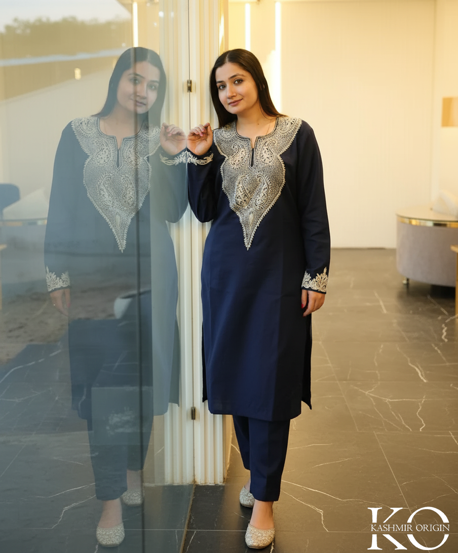 Navy Blue with White Zari and Aari Embroidered Woolen Suit With Shawl