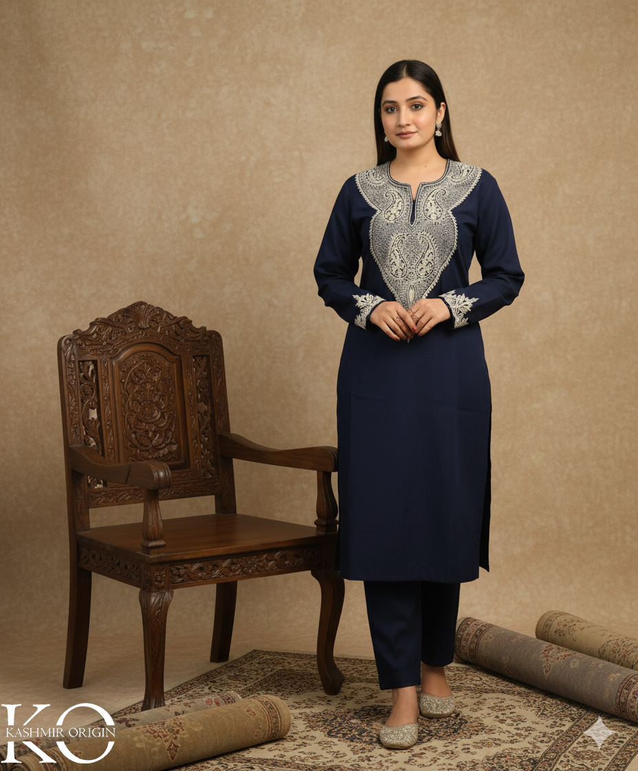 Navy Blue with White Zari and Aari Embroidered Woolen Suit With Shawl
