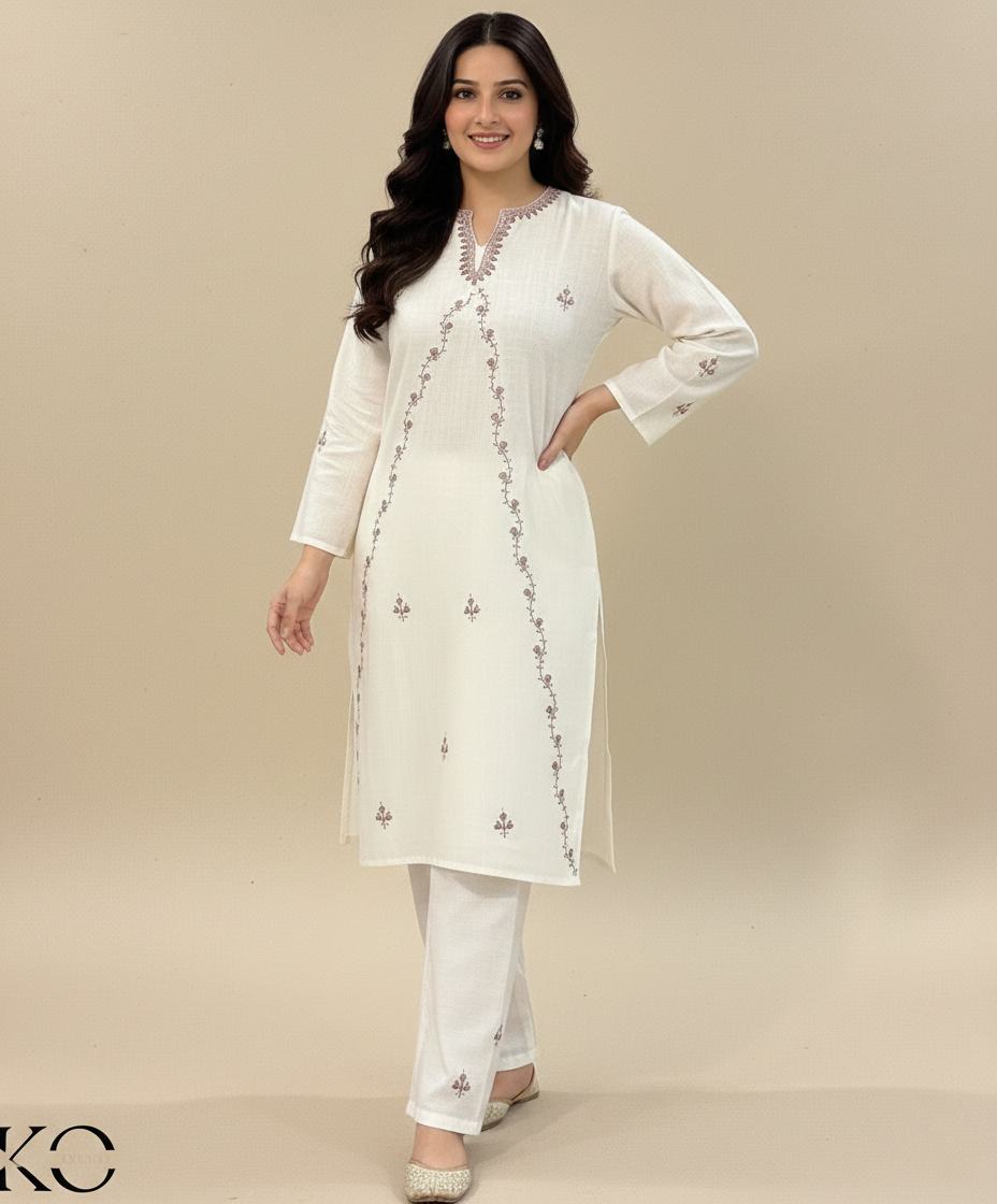 White Hand Sozni Embroidered Cotton Co Ord Set | Kashmiri hand Sozni | Needle work | Made By Kashmiri Artisans