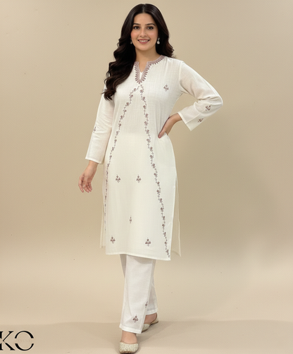 White Hand Sozni Embroidered Cotton Co Ord Set | Kashmiri hand Sozni | Needle work | Made By Kashmiri Artisans