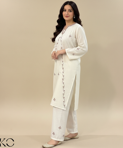 White Hand Sozni Embroidered Cotton Co Ord Set | Kashmiri hand Sozni | Needle work | Made By Kashmiri Artisans