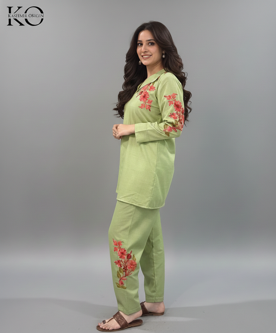 Green Aari Embroidered Red Bootidaar Cotton Co Ord Set