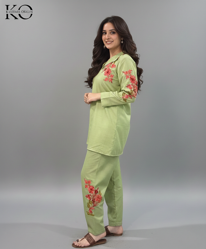 Green Aari Embroidered Red Bootidaar Cotton Co Ord Set