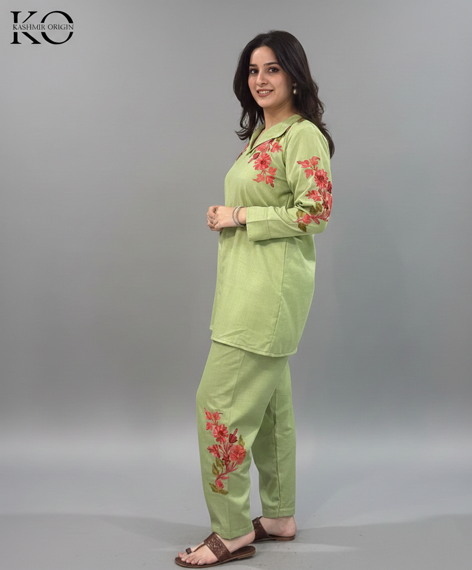 Green Aari Embroidered Red Bootidaar Cotton Co Ord Set