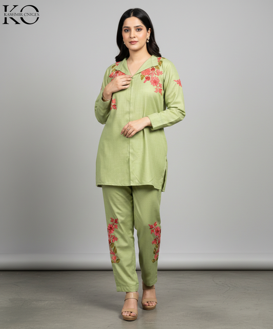 Green Aari Embroidered Red Bootidaar Cotton Co Ord Set