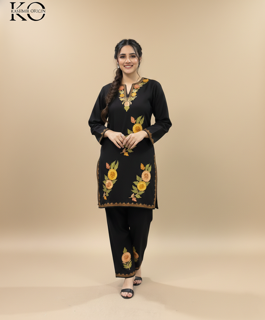 Black Yamberzal Aari Embroidered Cotton Co Ord Set