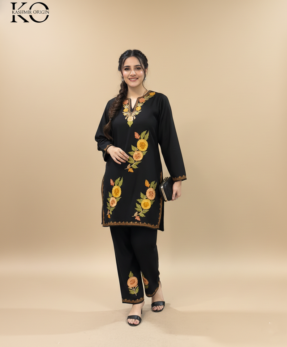 Black Yamberzal Aari Embroidered Cotton Co Ord Set