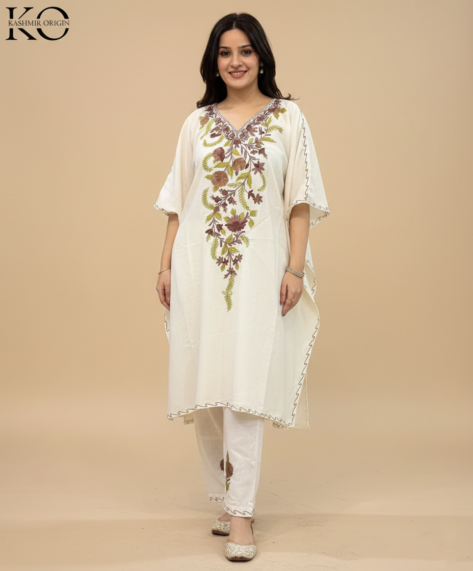 OFF White Aari Embroidered Cotton Kaftan Co Ord Set