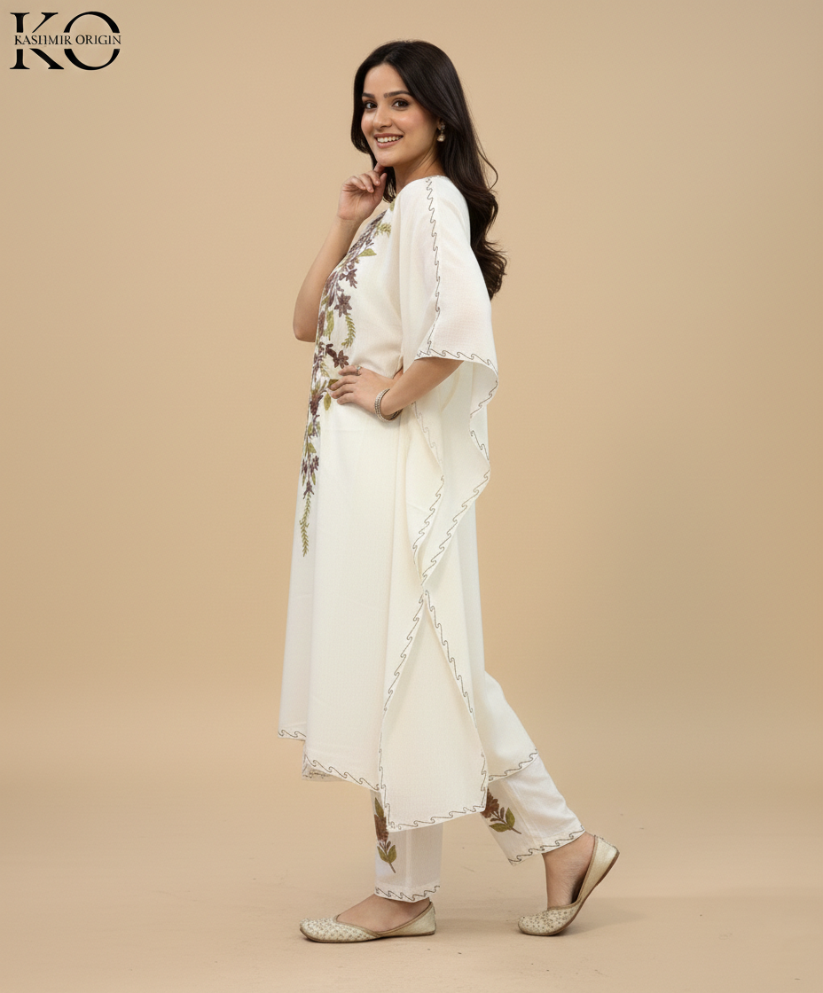 OFF White Aari Embroidered Cotton Kaftan Co Ord Set