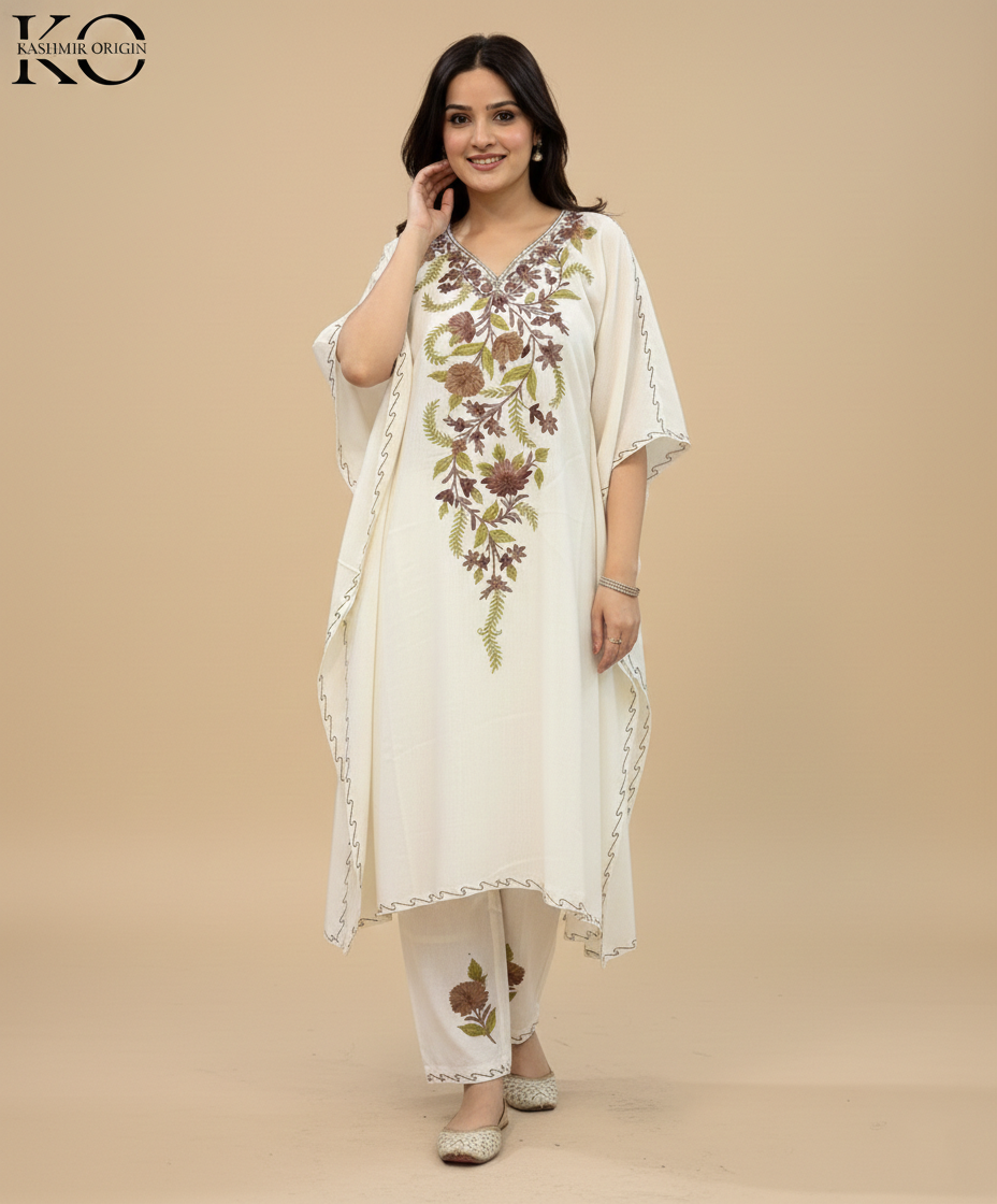 OFF White Aari Embroidered Cotton Kaftan Co Ord Set