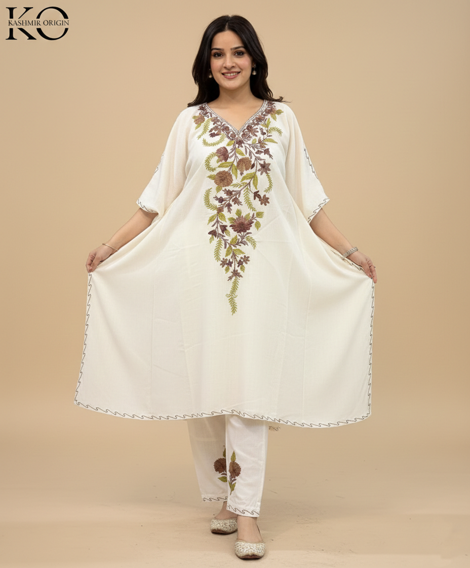 OFF White Aari Embroidered Cotton Kaftan Co Ord Set