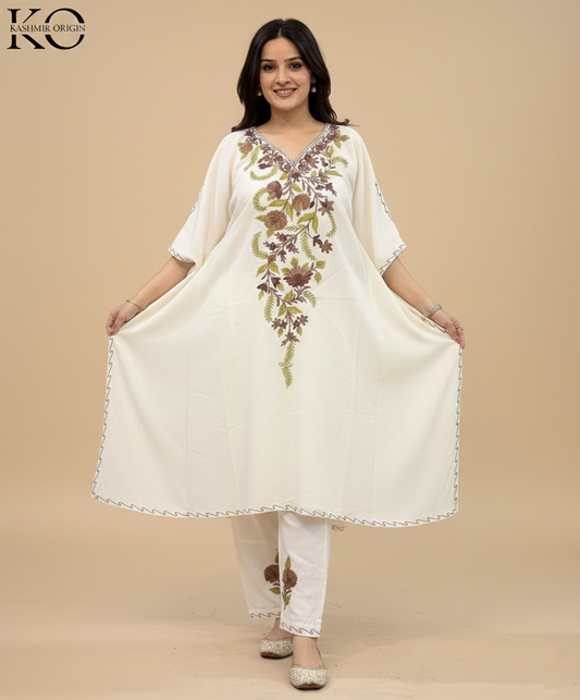 OFF White Aari Embroidered Cotton Kaftan Co Ord Set