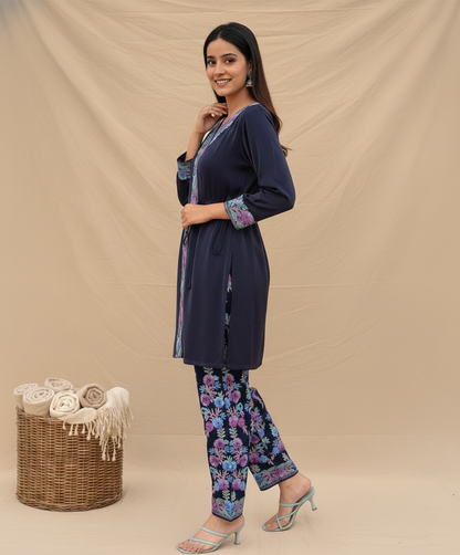 Navy Blue Aari Embroidered Shimmer Dooridar Co Ord set