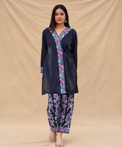 Navy Blue Aari Embroidered Shimmer Dooridar Co Ord set