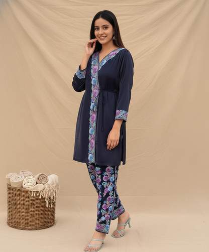 Navy Blue Aari Embroidered Shimmer Dooridar Co Ord set