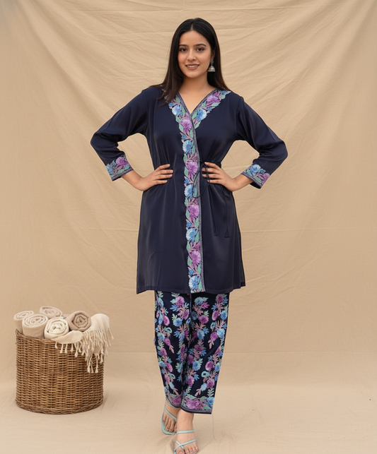 Navy Blue Aari Embroidered Shimmer Dooridar Co Ord set