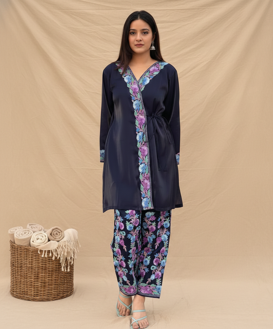 Navy Blue Aari Embroidered Shimmer Dooridar Co Ord set