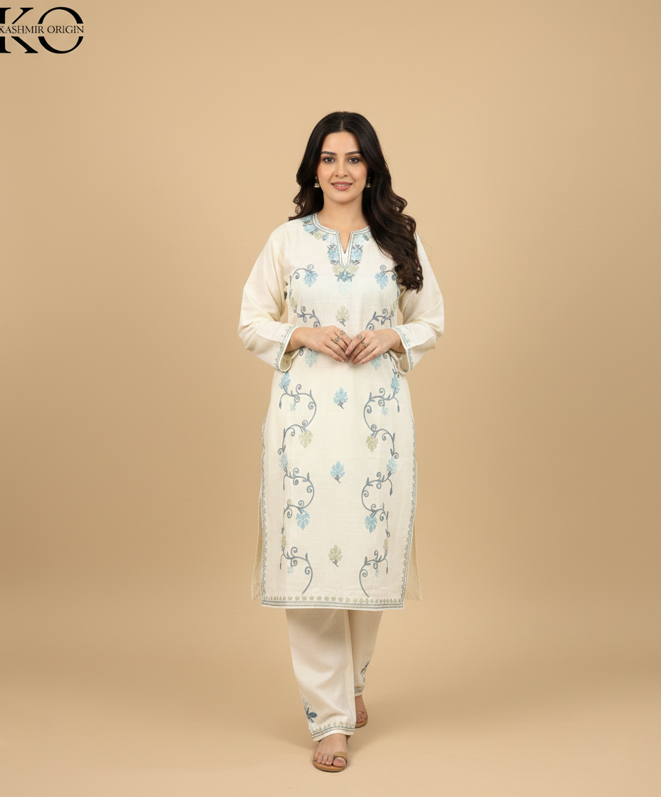 White Aari Embroidered Cotton Co Ord Set
