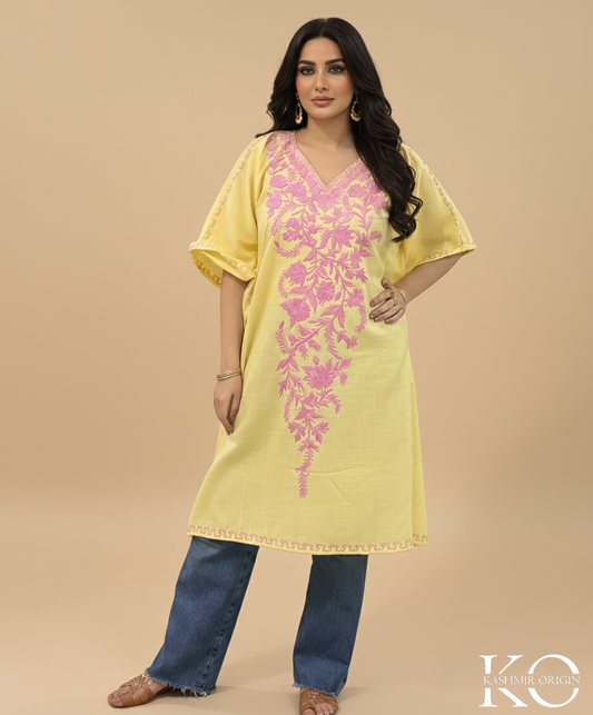 Yellow & Pink Floral Aari Embroidered Ruby Cotton Kaftan | Summer Kaftan | Best Quality Kaftans