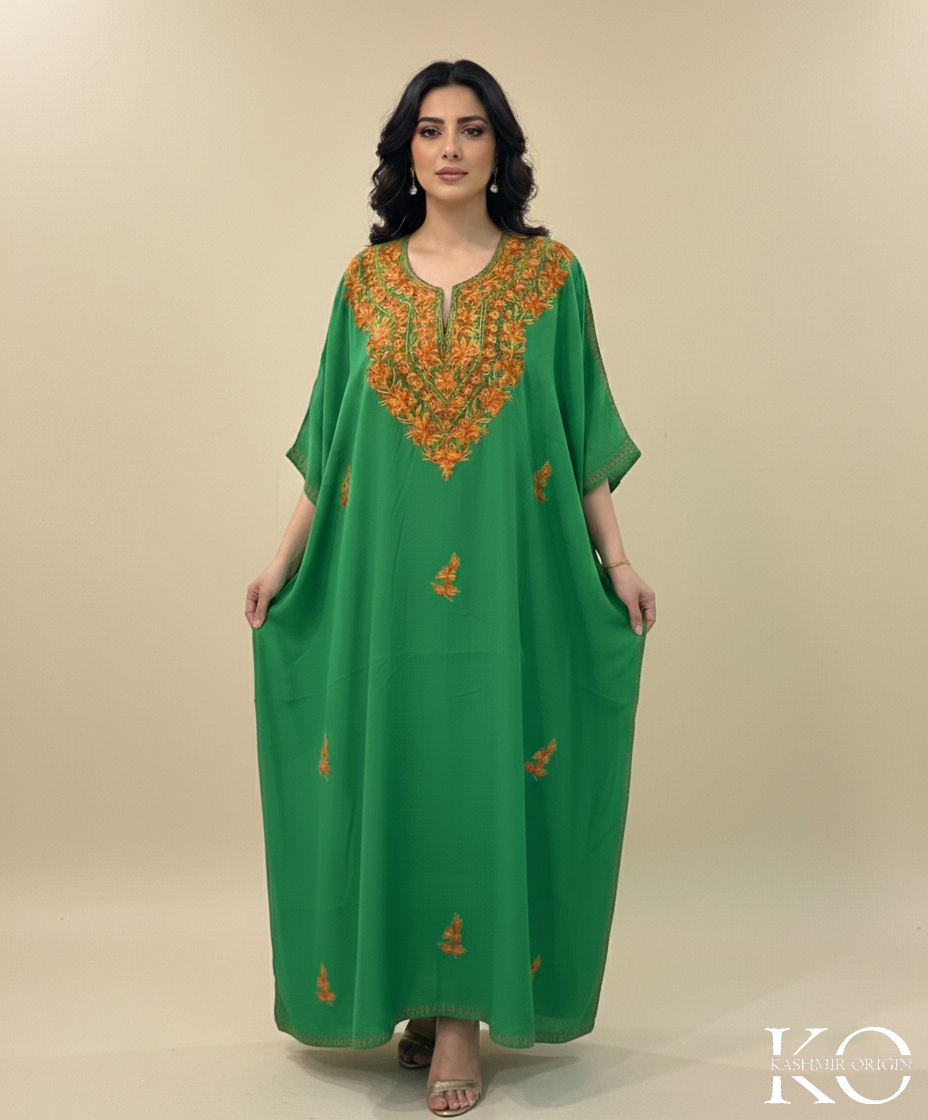 Green Base Aari Embroidered Kashmiri Crush Cotton Kaftan | Special Cotton fabric for Hot Summers