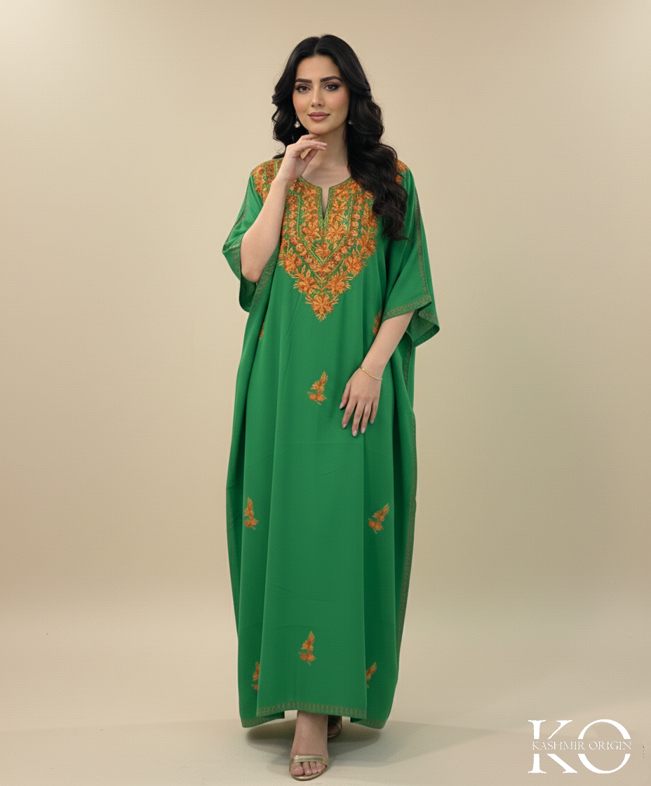 Green Base Aari Embroidered Kashmiri Crush Cotton Kaftan | Special Cotton fabric for Hot Summers