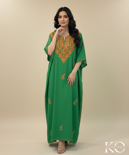 Green Base Aari Embroidered Kashmiri Crush Cotton Kaftan | Special Cotton fabric for Hot Summers