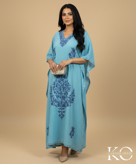 Skyblue Aari Embroidered Kashmiri Crush Cotton Kaftan | Special Cotton fabric for Hot Summers