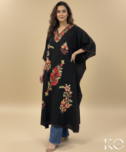 Black Aari Embroidered Plant Design Kashmiri Crush Cotton Kaftan | Special Cotton fabric for Hot Summers