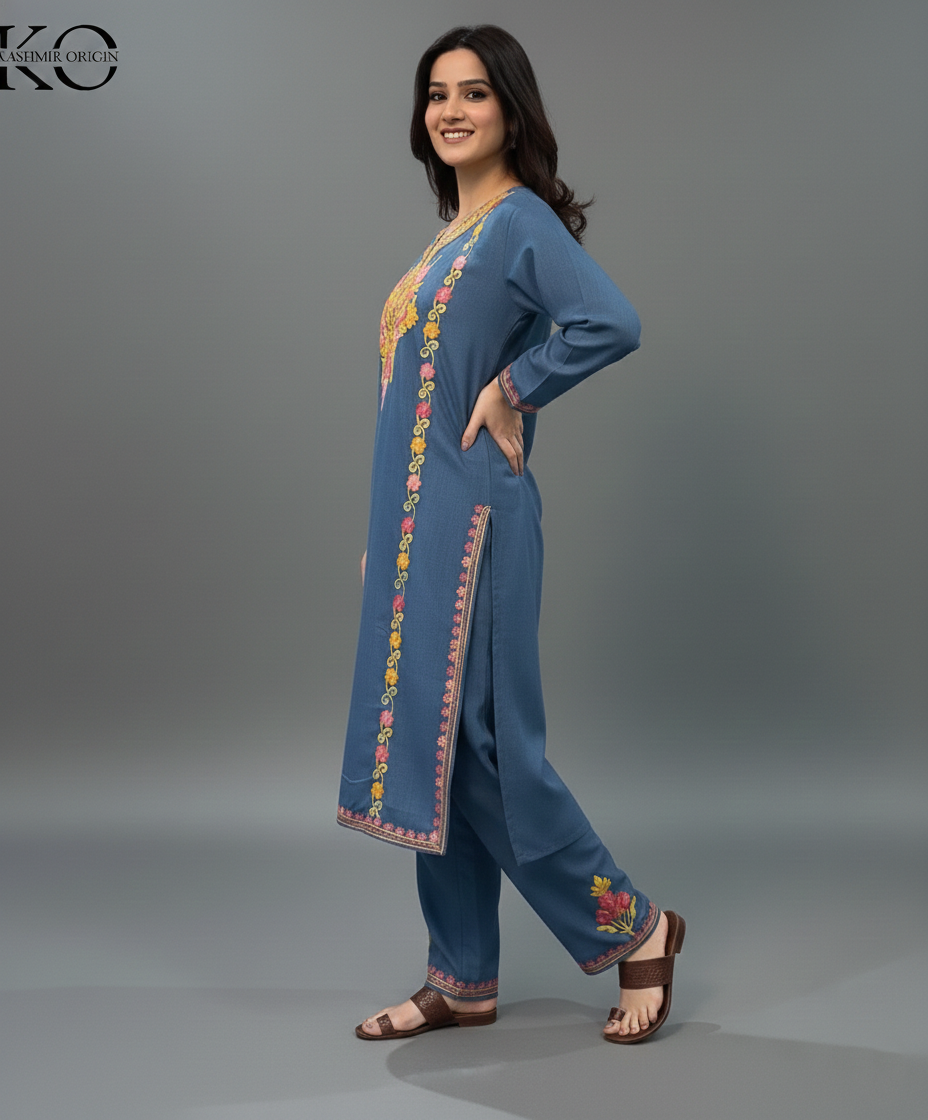 Denim Blue Color Aari Embroidered Cotton Co Ord Set