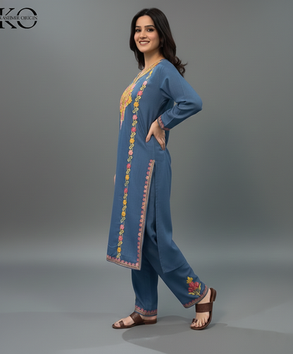 Denim Blue Color Aari Embroidered Cotton Co Ord Set