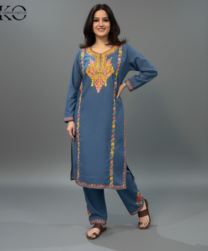 Denim Blue Color Aari Embroidered Cotton Co Ord Set