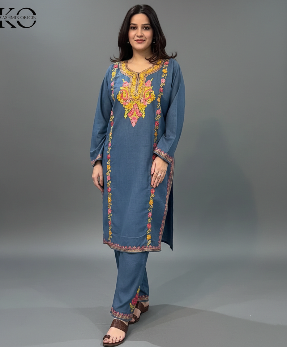 Denim blue aari embroidered Kashmiri cotton co-ord set for women