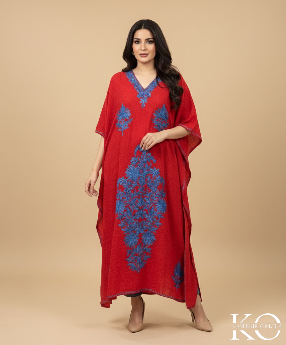 Red & Blue Aari Embroidered Kashmiri Crush Cotton Kaftan | Special Cotton fabric for Hot Summers
