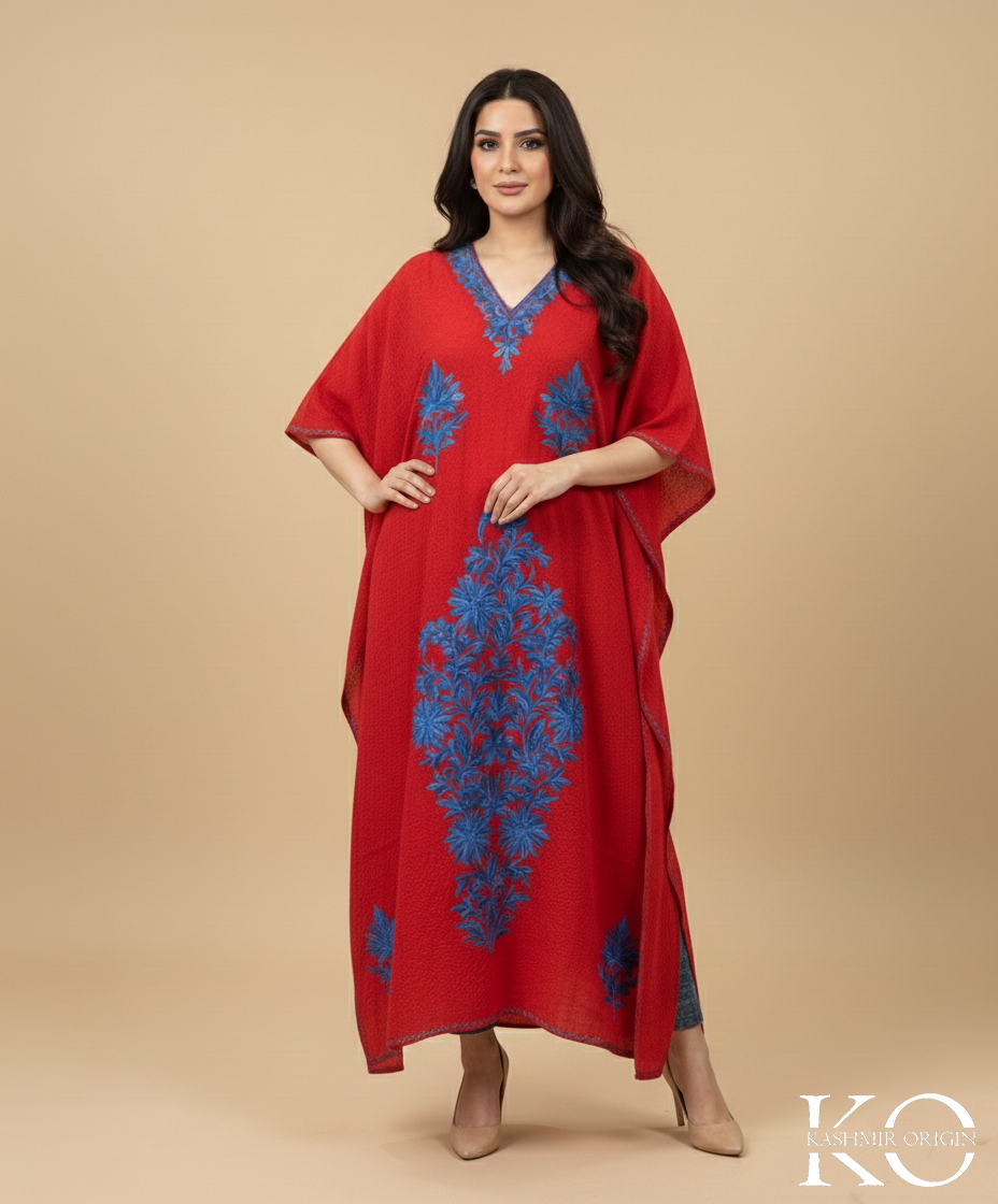 Red & Blue Aari Embroidered Kashmiri Crush Cotton Kaftan | Special Cotton fabric for Hot Summers
