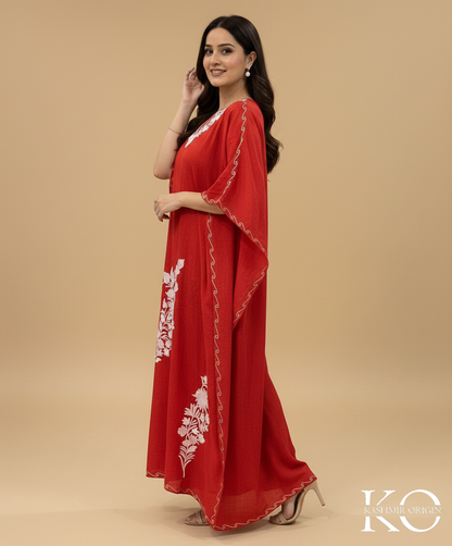 Red & White Aari Embroidered Kashmiri Cotton Kaftan | Special Cotton fabric for Hot Summers