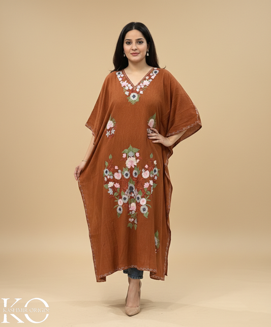 Brown Floral Design Aari Embroidered Kashmiri Crush Cotton Kaftan | Special Cotton fabric for Hot Summers