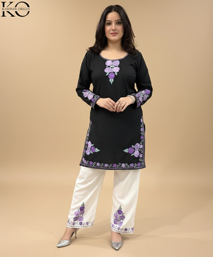 Black & White With Purple Aari Embroidered Cotton Co Ord Set