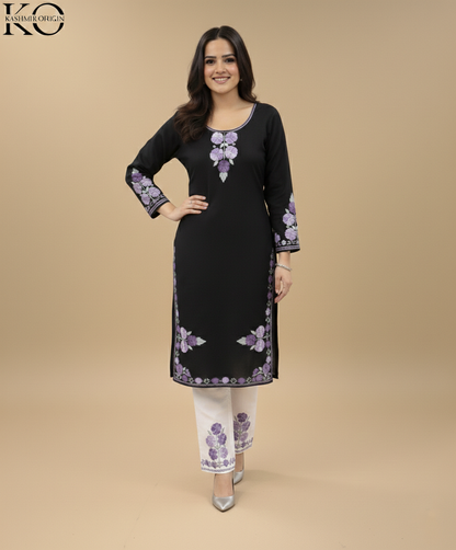 Black & White With Purple Aari Embroidered Cotton Co Ord Set