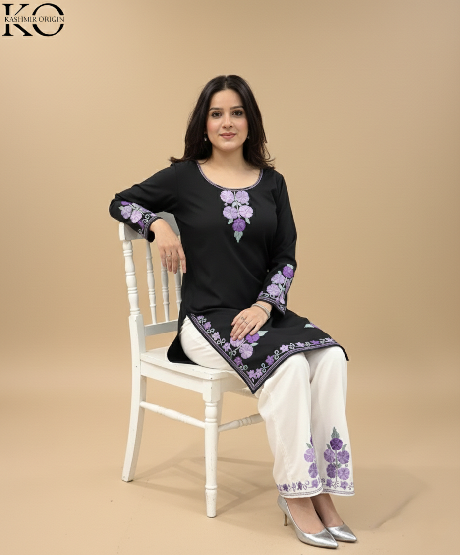 Black & White With Purple Aari Embroidered Cotton Co Ord Set