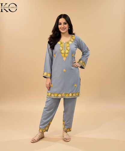 Grey With Yellow Aari Embroidered Cotton Co Ord Set- Apple cut Shalwar Design