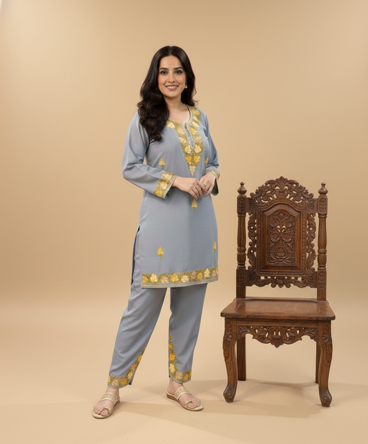 Grey With Yellow Aari Embroidered Cotton Co Ord Set- Apple cut Shalwar Design